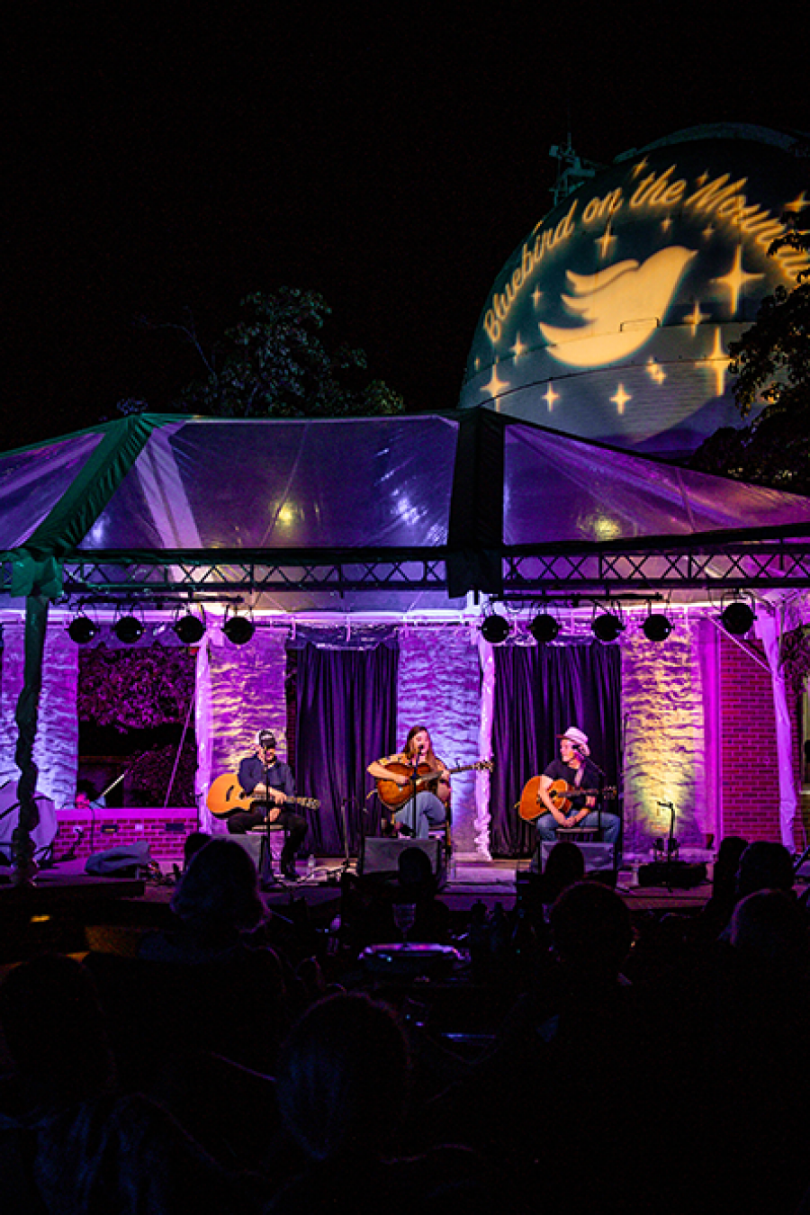 Audience enjoys a Bluebird on the Mountain concert outside Vanderbilt Dyer Observatory at night.