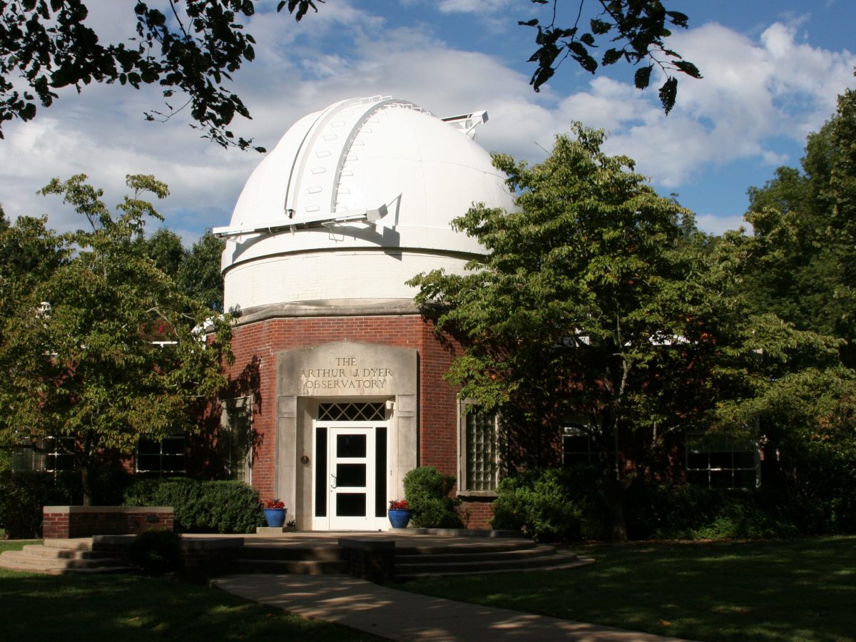 Front of the Dyer Observatory with the dogwood trees in full bloom.